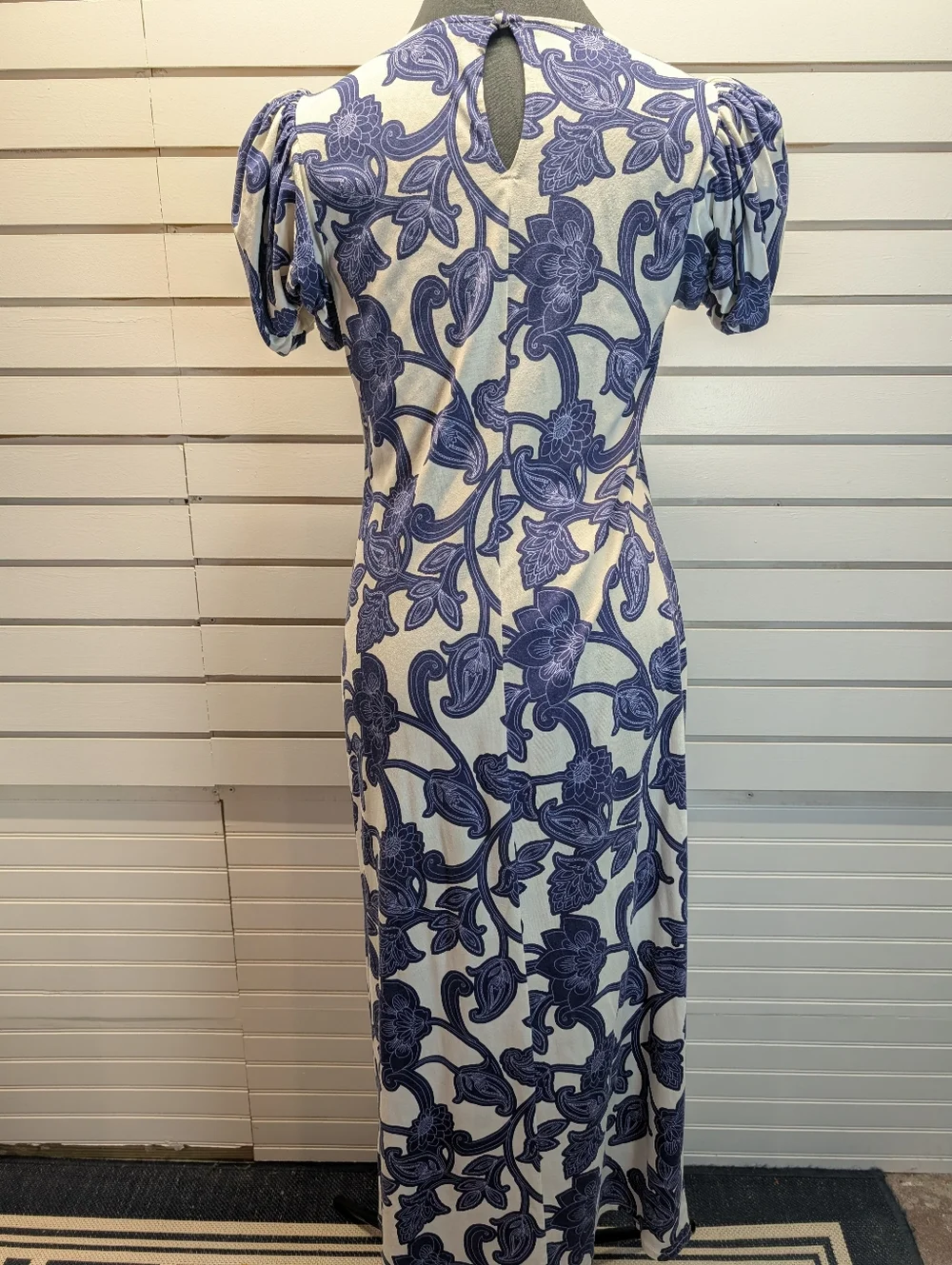 Boden Puff Sleeve Blue Floral Jersey Midi Dress Size 8R EUC - Picture 9 of 12